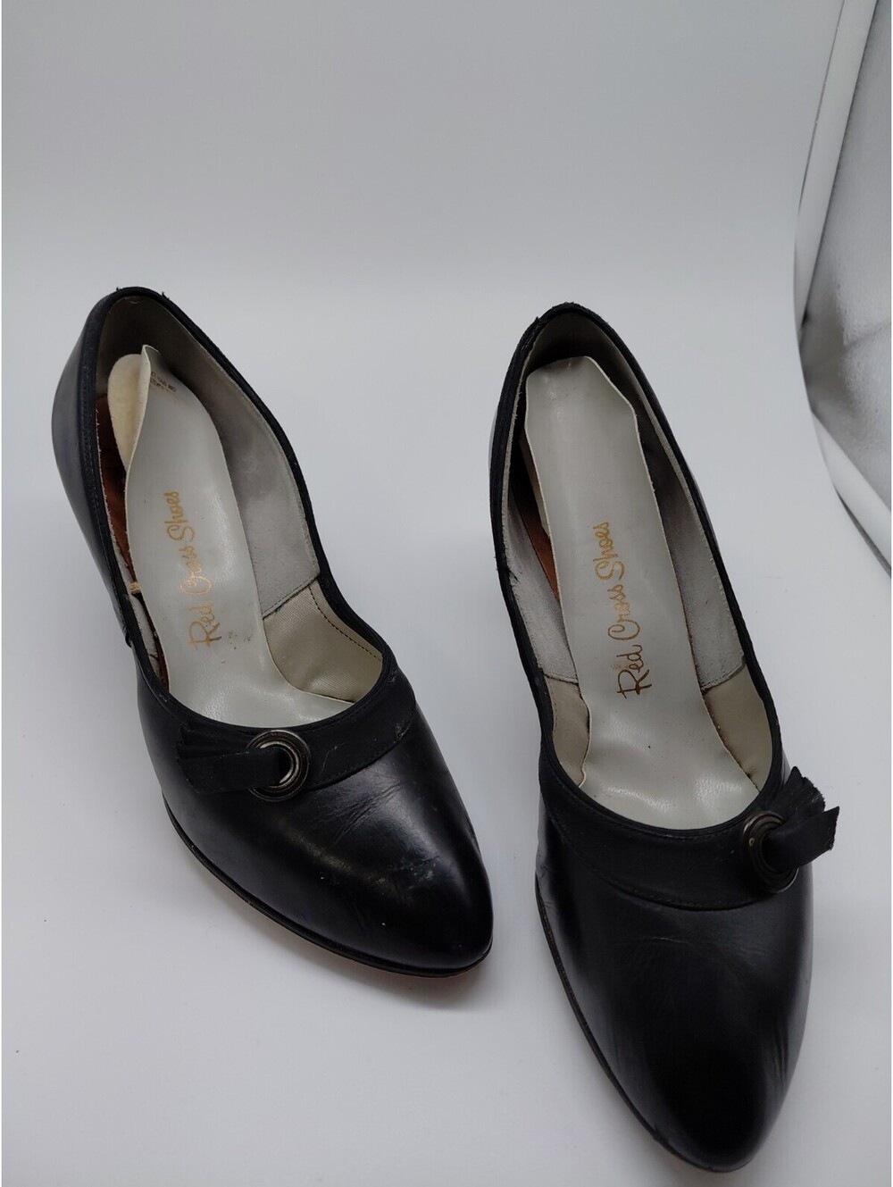Vintage Red Cross Shoes Womens 6.5 Black Leather Pumps Heels Buckle Dress Shoes